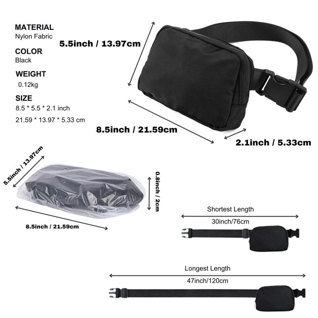 Adjustable Black Fanny Pack Cross Body Belt Bag for Unisex